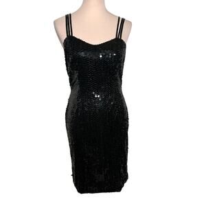 Lime Nite 80's Vintage Black Sequin 3 Spaghetti Straps Cocktail Party Dress Sz 8
